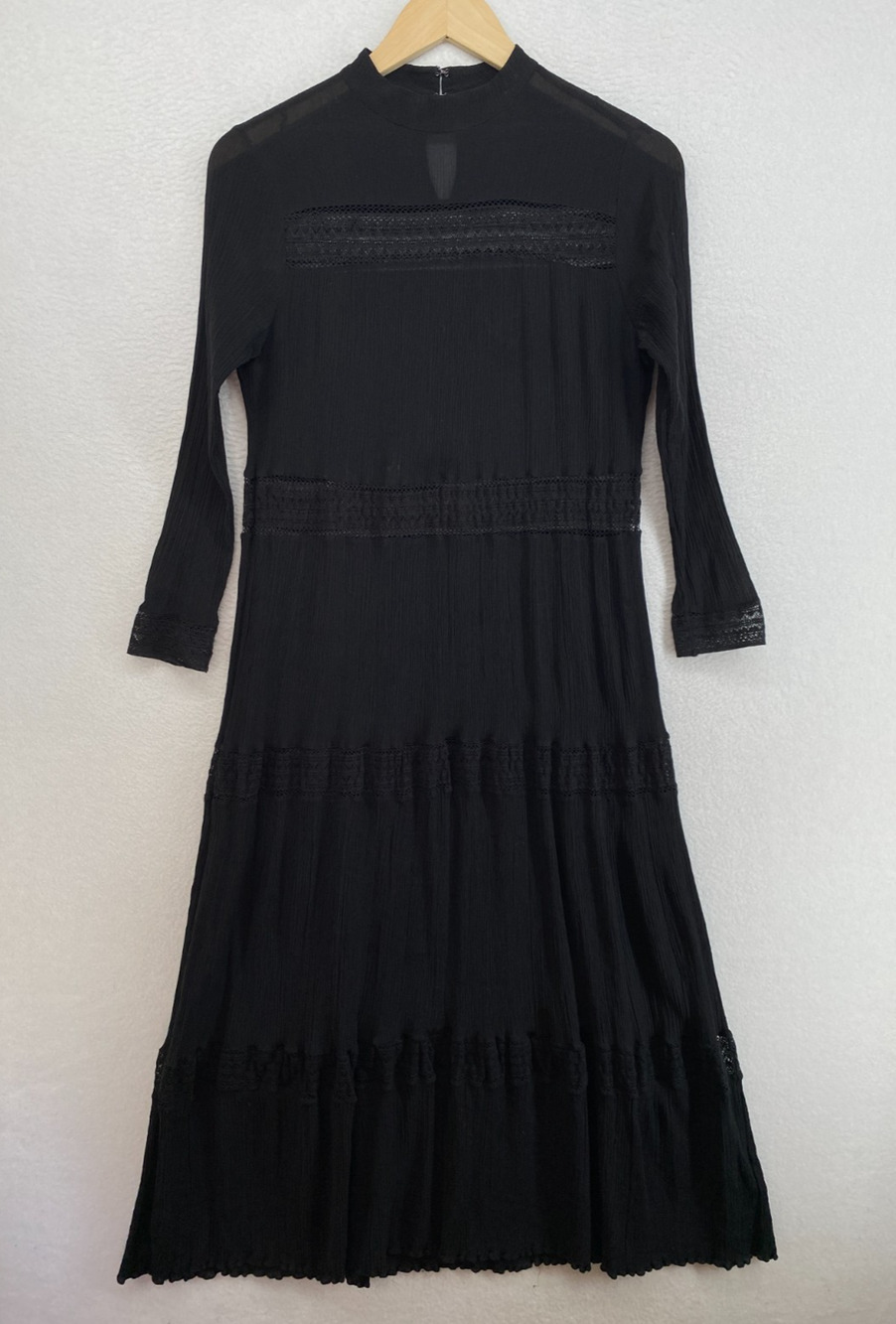 ALLSAINTS Dress 4 Nima Cotton Silk Crepe Tiered Flared Maxi Lace Trim Black